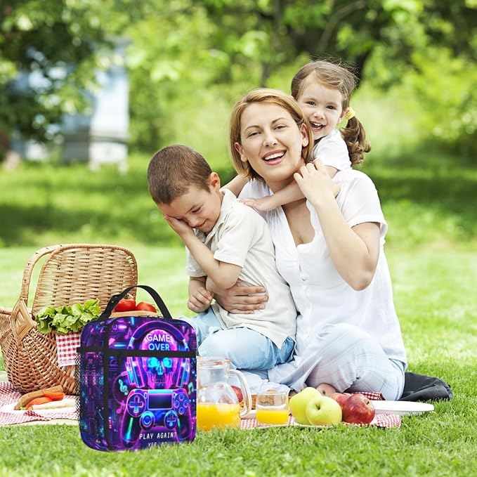 Video Game Insulated Lunch Box for Boys Girls Portable Game Lunch Bag for Kids Adult Teens School Work Office Travel Picnic Hiking Beach Cooler Reusable Waterproof Gaming Lunchbox