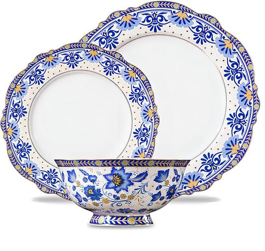 ACMLIFE 12-Piece Bone China Dinnerware Set, Blue and White Vintage Floral Dinnerware Set Service for 4, Lightweight Plates and Bowls Set with Gift Box (Blue-B)