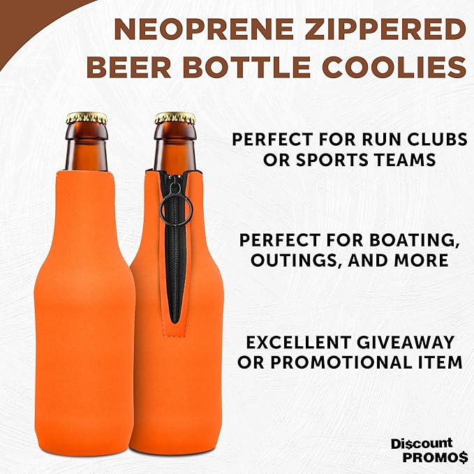 10 Neoprene Zippered Beer Bottle Coolies Pack - Sharkskin Rubber Bottom - Neon Orange