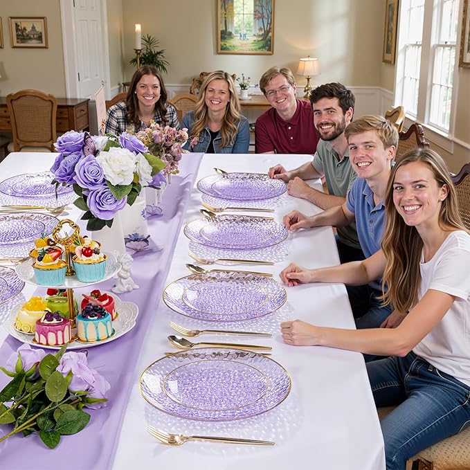 Rubtlamp 100Pcs Plastic Purple Dinner Plates, Heavy Duty 10 Inch Gold Disposable Plates, Hammered Purple Plates with Gold Rim, Fancy Plastic Plates for Weeding Parties