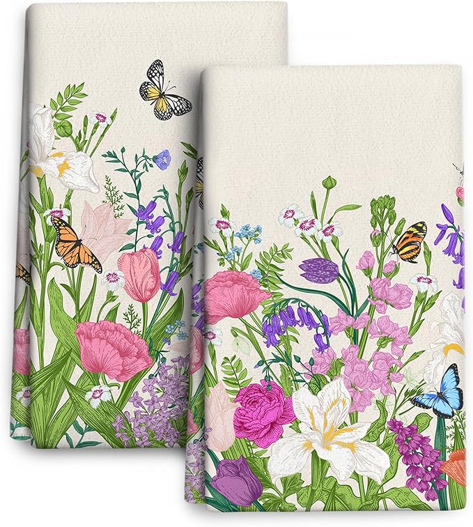 Pink Flowers Decorative Kitchen Towels Floral Dish Towels Absorbent Cute Botanic Dish Cloths Set Spring Summer Tea Hand Towels for Kitchen Farmhouse Holiday Home Decor (2 Pack, 16"x24")
