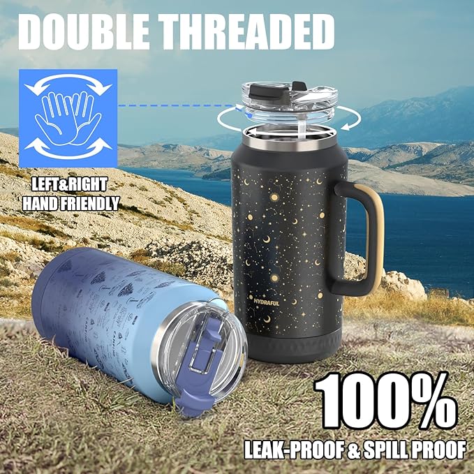 Hydraful 64 oz Tumbler with Handle and Straw - 100% Leak-Proof - Insulated Cup Reusable Stainless Steel Large Water Bottle Travel Mug for Gym, Hiking, and Camping - Gifts for Women Men Him Her