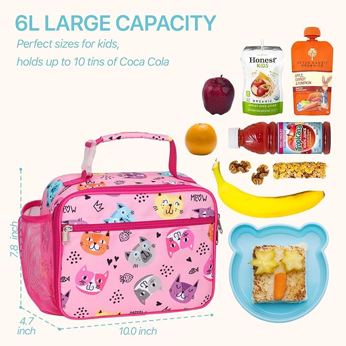 Bagseri Kids Lunch Bag Girls - Kids Lunch Box for Girls Reusable Leak-Proof Insulated Lunch Bag with Water Bottle Holder Toddler Lunch Box for Daycare and School, Cute Cat (Water Bottle Not Included)