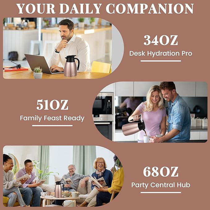 51 Oz Thermal Coffee Carafe, Stainless Steel Insulated Vacuum coffee crafts to keep coffee hot, 1.5 Liter Tea Water Coffee and Beverage Dispenser (Copper)