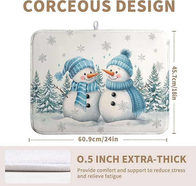 Winter Dish Drying Mat Winter Snowman Large Kitchen Mats Dish Drying Pad Blue Snowman Pine Tree Absorbent Dish Dryer Mat for Kitchen Countertops Microfiber Drainer Pad Dish Drying Mats (18x24 in)