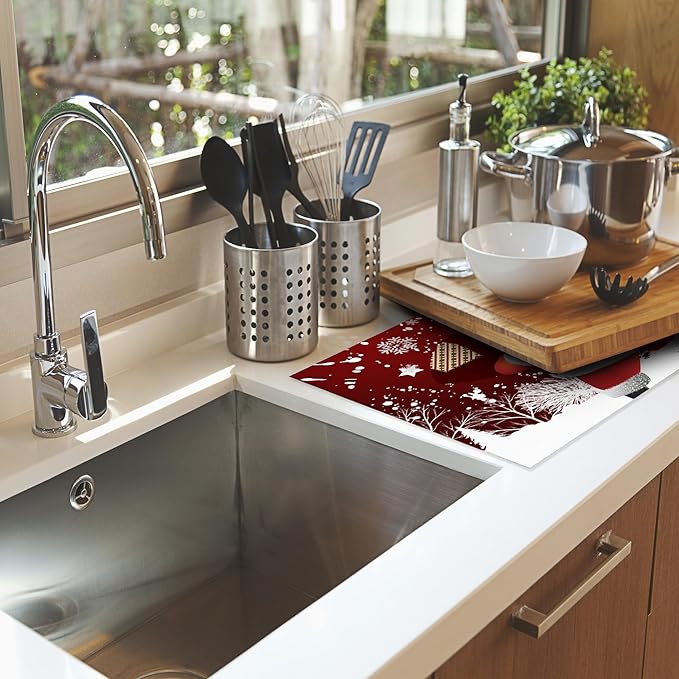 Christmas Santa Claus Dish Drying Mats 18x24 Inch,Christmas Snowflakes Dish Pad Drying Rack Mat for Kitchen Counter Ultra Absorbent Microfiber Dishware Coffee Maker Bar Countertop Decor