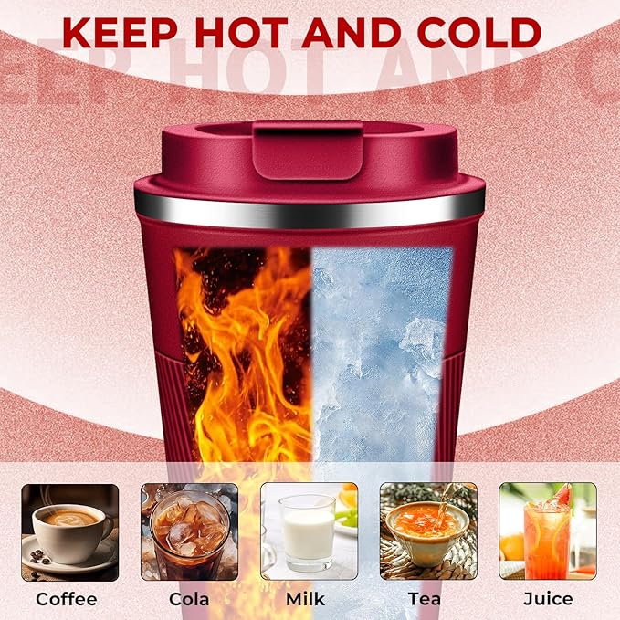 Insulated Coffee Tumbler 17 oz, Stainless Steel Coffee Mug with Lids, Travel Coffee Mug Leak Proof, Double Wall Vacuum Insulated Reusable Iced Coffee Cup, Keep Drinks Hot and Cold (Red, 17 Ounces)