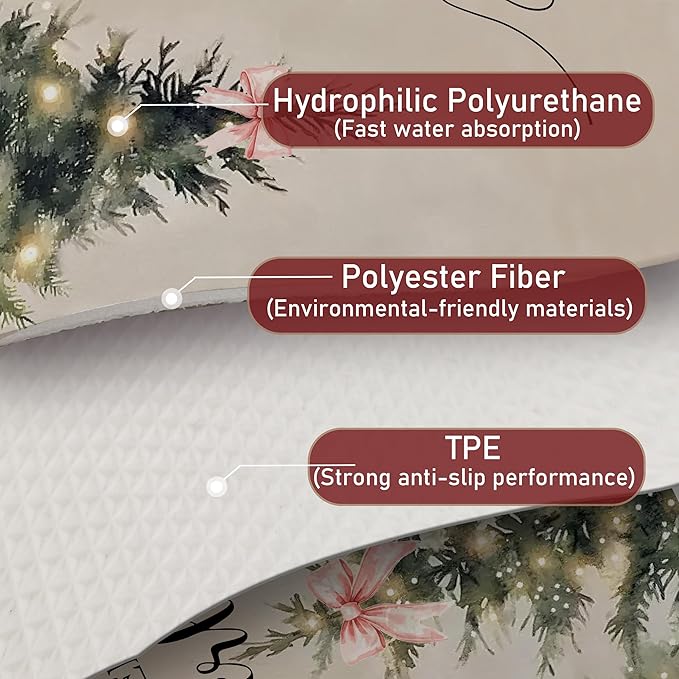 Winter Christmas Tree Dish Drying Mat, Pink Bow Xmas Tree Coffee Bar Mat for Countertops, Vintage Christmas Absorbent Dish Drying Mats for Kitchen Counter Coffee Maker, 16x24 Inch