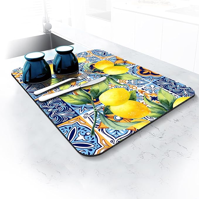 Rubber Dish Drying Mat for Kitchen Counter Large Lemon Washable Quick Home Coffee Pad Fit Under Sink,Bar,Utensils 16x18in