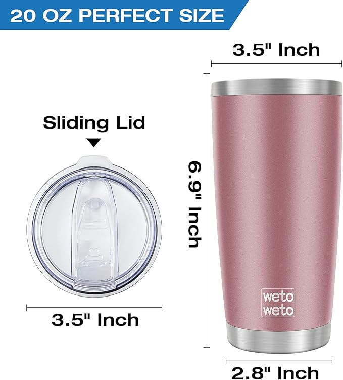 WETOWETO 20oz Tumbler, Stainless Steel Vacuum Insulated Coffee Travel Mug, Double Wall Powder Coated Insulated Coffee Mug Travel Mug with Lid Thermal Cup for Outdoor, Rose Gold, 6 Pack