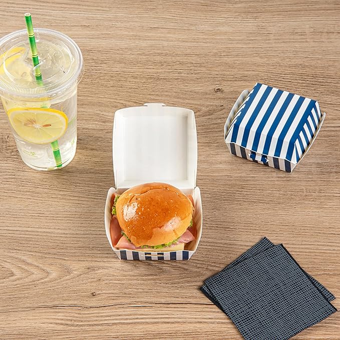 Restaurantware 2.8 x 2.8 x 2 Inch Mini Burger Boxes 100 Clamshell Food Containers - Hinged Lid Striped Blue And White Paper Take Out Boxes Serve Sliders Or Finger Foods