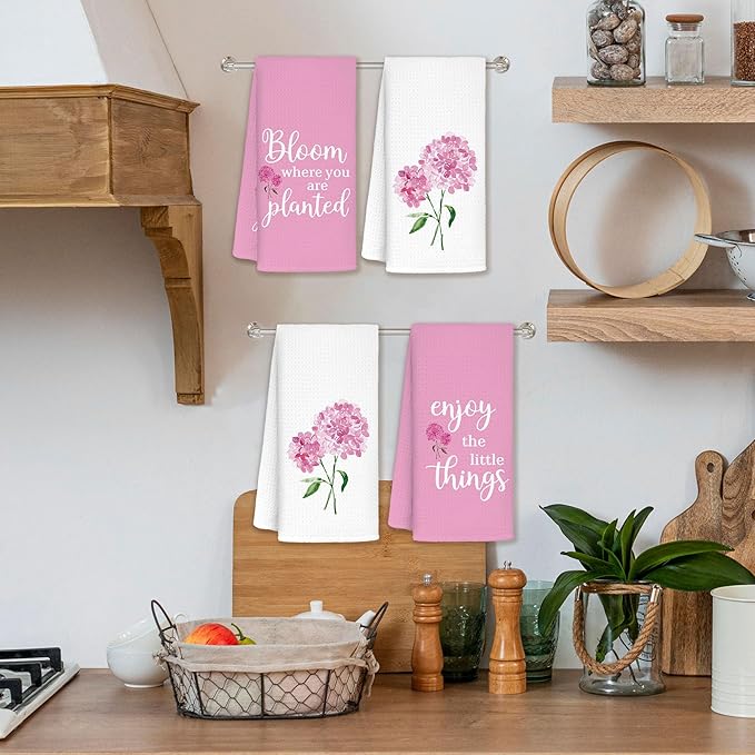 Pink Hydrangea Kitchen Towels Set of 4, Bloom Where You are Planted Pink and White Hydrangea Decorative Hand Towels for Bathroom, Hydrangeas Gifts, 16x24