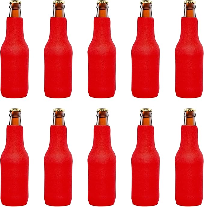 10 Neoprene Zippered Beer Bottle Coolies Pack - Sharkskin Rubber Bottom - Red