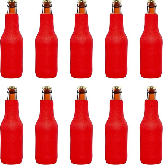 10 Neoprene Zippered Beer Bottle Coolies Pack - Sharkskin Rubber Bottom - Red