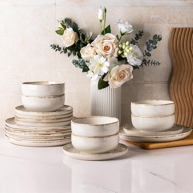 AmorArc Ceramic Dinnerware Sets, Wavy Rim Stoneware Plates and Bowls Sets, Highly Scratch Resistant | Dishwasher & Microwave Dishes set, Service for 8 (24pc)-Speckled Cappuccino