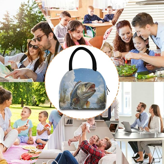 Bass Fish Lunch Bag for Women Men Reusable Insulated Lunch Tote Bag for Office Work School Picnic Hiking