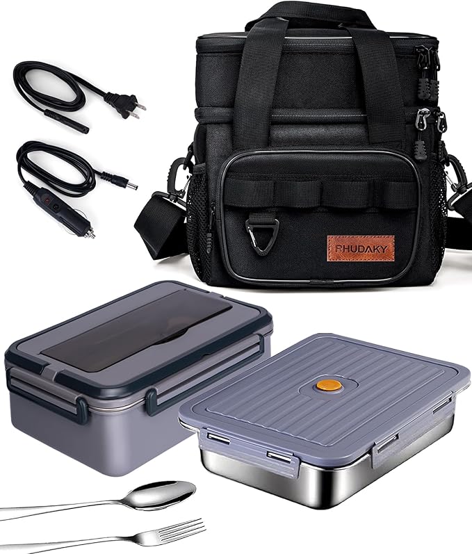 60oz Electric Lunch Box for Adults Men, 80W Heated Lunch Box with Insulated Lunch Bag,12v/24v/110v Portable Food Warmer Heatable Lunchbox for Car Truck Work Travel