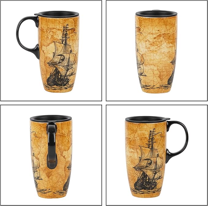 Topadorn Ceramic Mugs Porcelain Latte Tea Cup Coffee Mug with Lid and Gift Box,17oz.Sailing Ship
