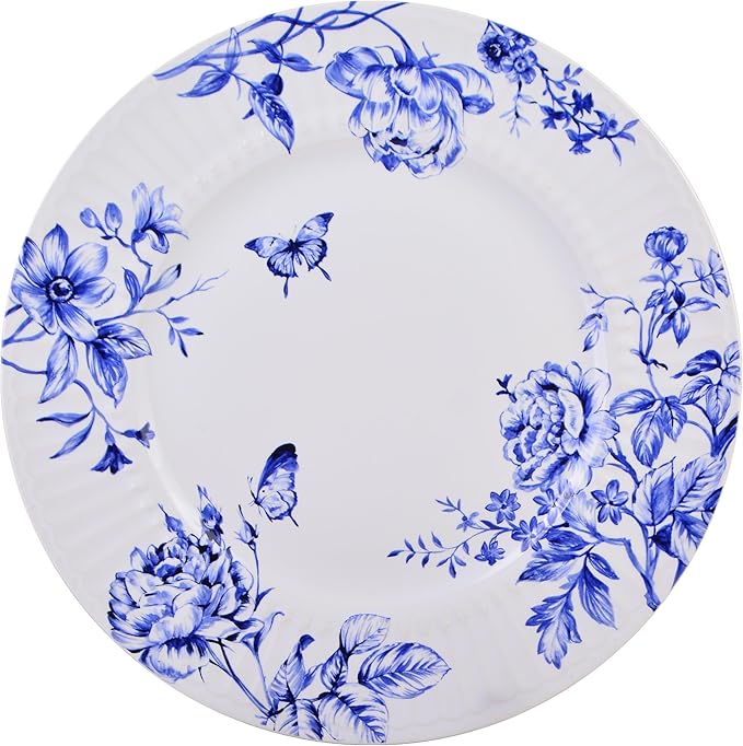 222 Fifth 12-Piece Porcelain Dinnerware Set for 4, White & Blue Plates and Bowls Set, Glossy Ceramic Dish Set with Embossed Toile Pattern, Elegant Kitchen Dishes, Microwave & Dishwasher Safe, Cassian