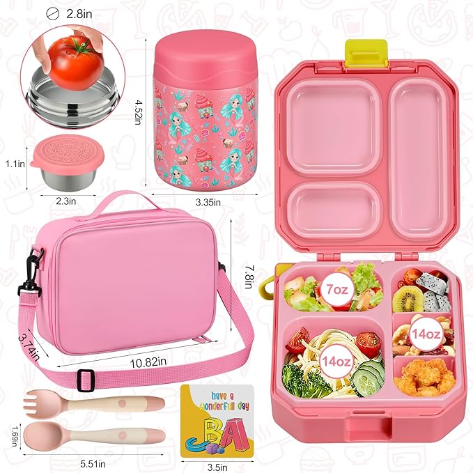 Bento Lunch Box for Kids with 12oz Soup Thermo Leak-Proof Lunch Food Container with 5 Compartment Thermo Hot Food Jar and Insulated Lunch Bag for Kid Toddler Girls Boys to School