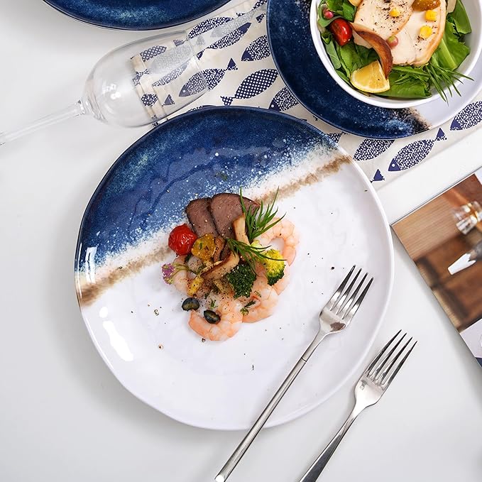 12 Piece Melamine Dinnerware Sets for 4,Unbreakable and Lightweight Plates and Bowls Sets for Camping, Chip and Scratch Resistant,Ideal for RV,Cobalt Blue and White