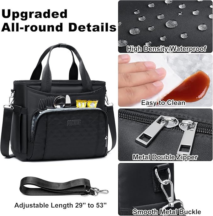 AIJIEKE Insulated Lunch Bag for Men Women, Lunch Box, Lunch Tote for Work, Large Leak Proof Cooler Bag with Removable Strap, Reusable Adult Lunchbag, Picnic, Office, Beach, Black