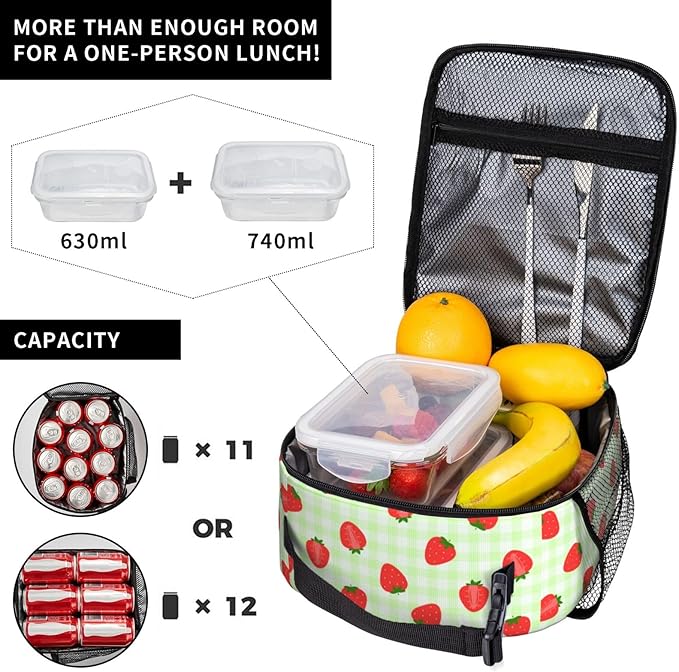 Strawberry Kid Lunch Bag Insulated Reusable Lightweight Water Resistant Green Grid LunchBox with Water Bottle Holder for Boys Girls Lunch Tote