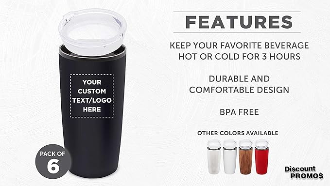 Custom Plastic Tumblers 20 oz. Set of 6, Personalized Bulk Pack - With lids, Ice Coffee Tumbler, To Go Cup, Insulated - Black