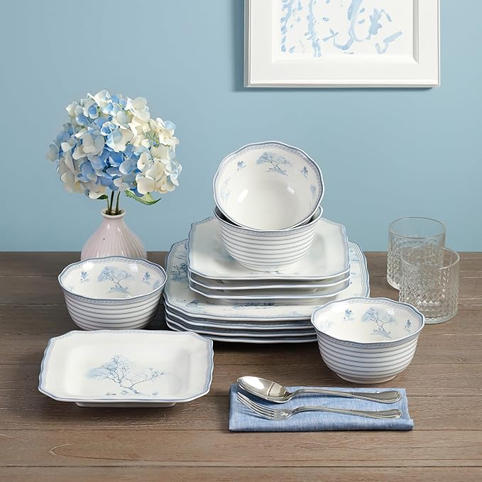 222 Fifth 12-Piece Porcelain Dinnerware Set for 4, Glossy White Plates and Bowls Set with Blue Decal, Elegant Square Ceramic Dish Set, Kitchen Tableware, Microwave & Dishwasher Safe, Scenic Toile