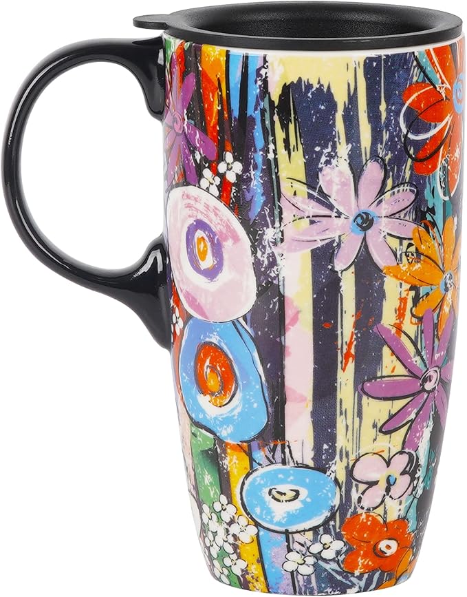 Topadorn Ceramic Travel Mugs Porcelain Latte Tea Cup Coffee Mug with Lid and Handle,17oz. Abstract Garden