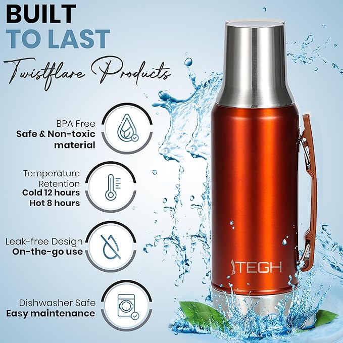 TEGH 40 oz insulated water bottle vacuum insulated wide mouth water bottle leakproof travel bottle BPA-free stainless steel water bottle hot and cold beverage bottle