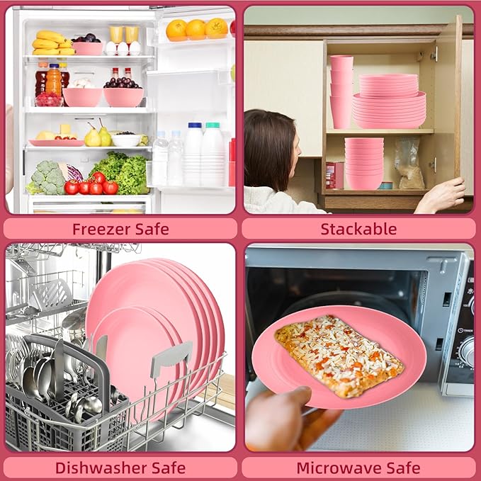 Pink Dinnerware Sets for 8,Pink Plates and Bowls Sets Plastic,Wheat Straw Dinnerware Sets Unbreakable Microwave Safe Lightweight,32 Pcs Christmas Dishes Set for Kids Elderly Kitchen Outdoor