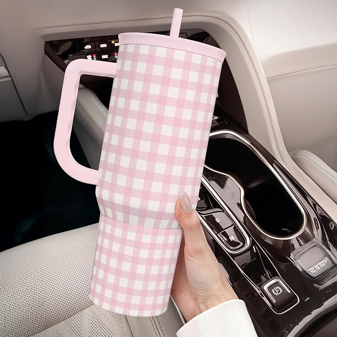 Pink Gingham 40oz Slider Tumbler with Handle and Straw - Insulated Stainless Steel Travel Coffee Mug for Women Girls, Gift for Birthday, Christmas