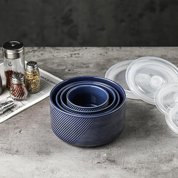 Ceramic Nesting Bowls with Lids: Mixing Bowls with Lids - Porcelain Food Storage Containers For Prep and Serving, Microwavable Kitchen Bowl Set of 4, 50/32/20/10 oz (Navy)