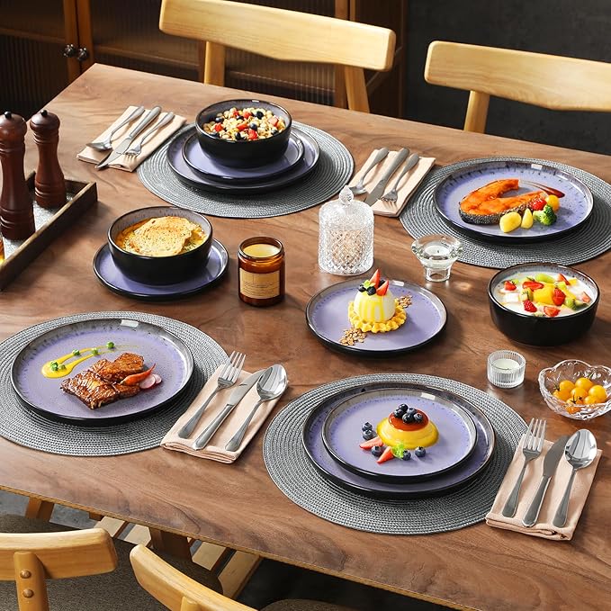vancasso Plates and Bowls Sets, 18 Pieces Stoneware Dinnerware Sets for 6, Kitchen Dish Set Mircowave and Dishwasher Safe Dinner Set Ceramic Dishware, Light Purple, Series AMBER