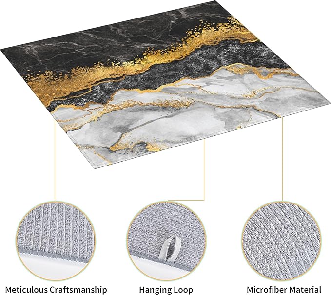 Black Gold Marble Dish Drying Mat for Kitchen Counter Gold and Black Grey Dish Drainer Rack Mats 16x18 Inches Absorbent Reversible Cute Drying Pad