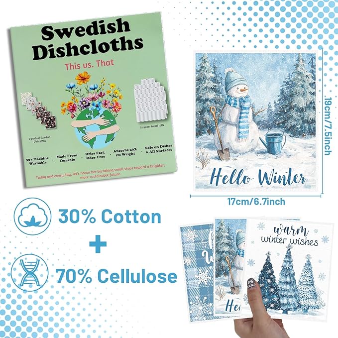 Winter Swedish Dishcloths for Kitchen - 6PCS Let It Snow Swedish Cloths for Washing Dishes, Snowman Blue Winter Reusable Dish Towels, Holiday Seasonal Washable Cleaning Sponge Gift