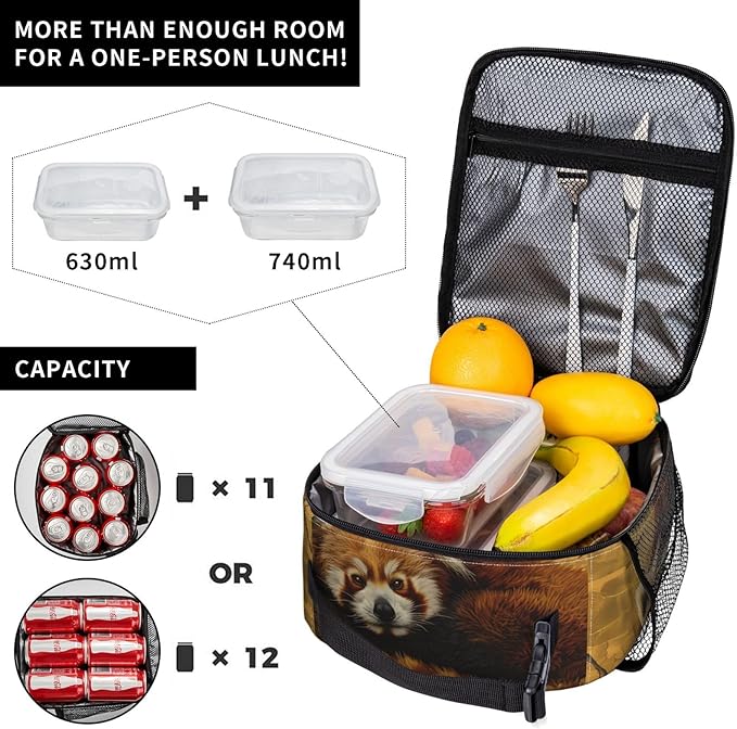 Realistic Red Panda Print Insulated Lunch Box Gifts for Kids Adults Golden Autumn Background Design Reusable Portable Lunchbox Cooler Lunchbag for Work Picnic School Travel or Hiking