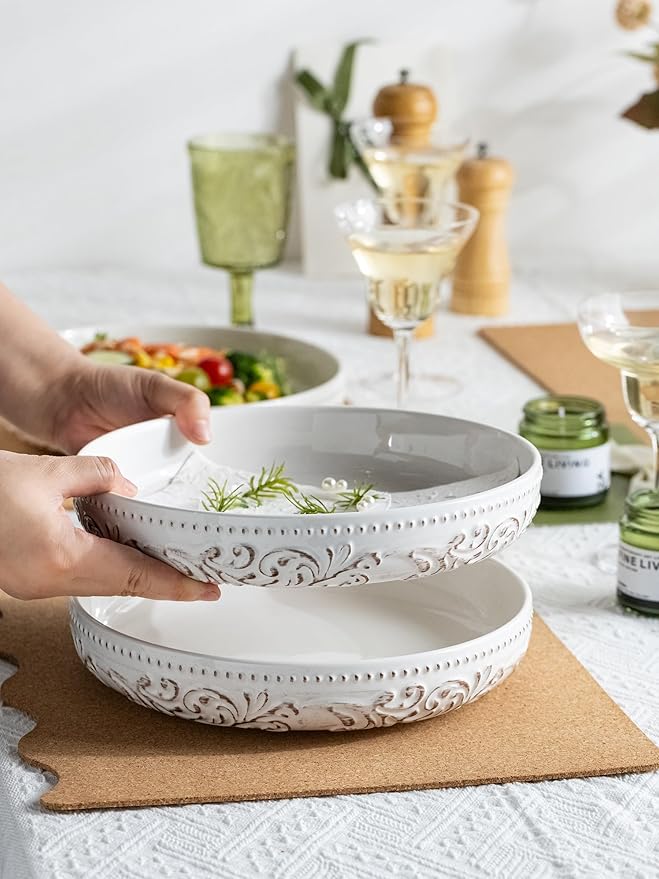 YHOSSEUN Pasta Bowls Set of 4, 50 OZ Large Salad Serving Bowls, 9.75" Pasta Plates Shallow Bowls Set, Microwave Dishwasher Safe, Antique Morning Glory