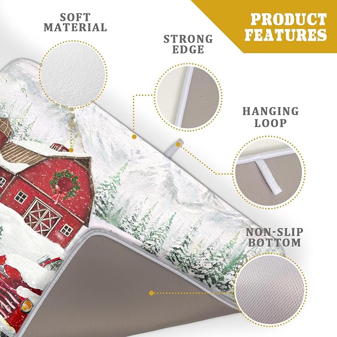 Winter Red Truck Dish Drying Mat Christmas Tree Dishes Pad 18x24 Inch Dish Drainer Rack Mats Absorbent Fast Dry Kitchen Holiday Accessories