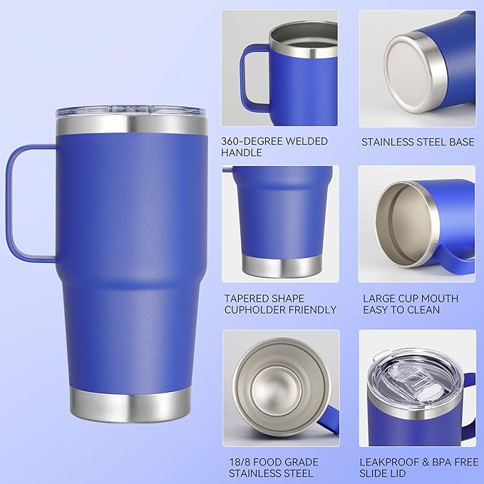 20 oz Stainless Steel Tumbler with Handle Bulk Metal Insulated Tumblers Travel Coffee Mug with Handle Double Wall Tumbler Cup with Lid and Straw, Blue 6 Pack