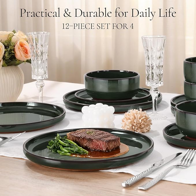 E-far Stoneware Dinnerware Sets for 4, 12 Pieces Reactive Glaze Plates and Bowls Sets, Elegant Dishes with Rustic Terracotta Base, Dishwasher & Microwave Safe, Scratch Resistant, Blackish Green