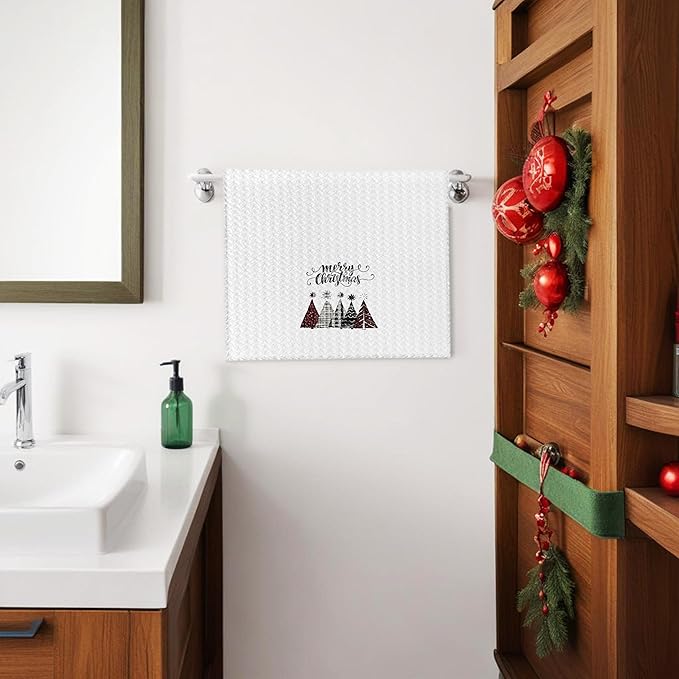 Vintage Christmas Tree Kitchen Towels, Merry Christmas Dish Tea Towels for Kitchen, Red Black and White Plaid Xmas Tree Decorative Hand Towel for Bathroom, 16x24 Inch