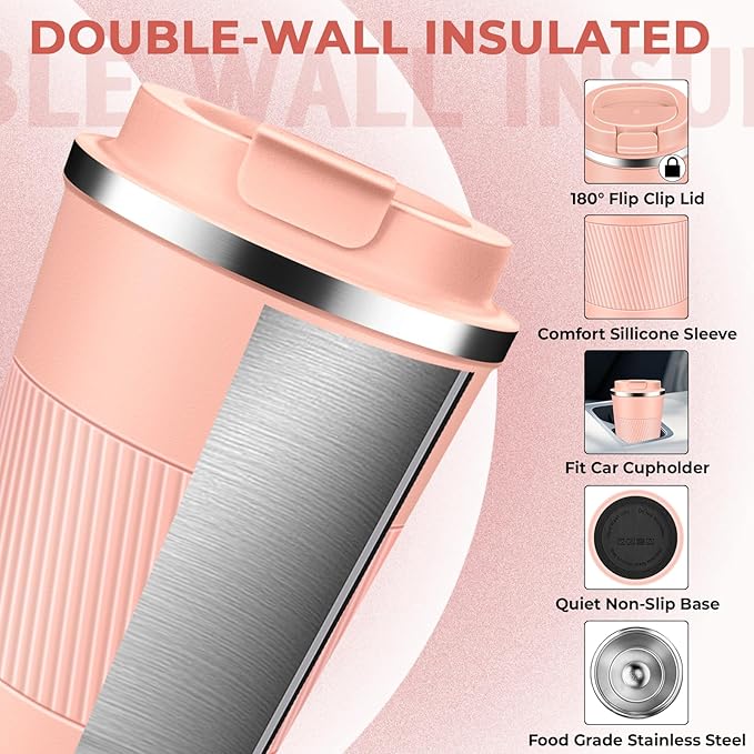 Insulated Coffee Tumbler 12 oz, Stainless Steel Coffee Mug with Lids, Travel Coffee Mug Leak Proof, Double Wall Vacuum Insulated Reusable Coffee Cup, Keep Drinks Hot and Cold (Peach Pink, 12 Ounces)