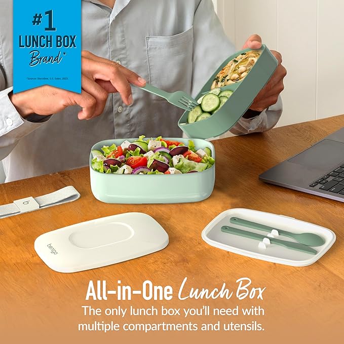 Bentgo Classic - Adult Bento Box, Stackable 3-Compartment Lunch Box with Removable Utensil Set and Sealing Strap, BPA-Free, Food Container Ideal for Meal Prep, Work, and On the Go (Khaki Green)
