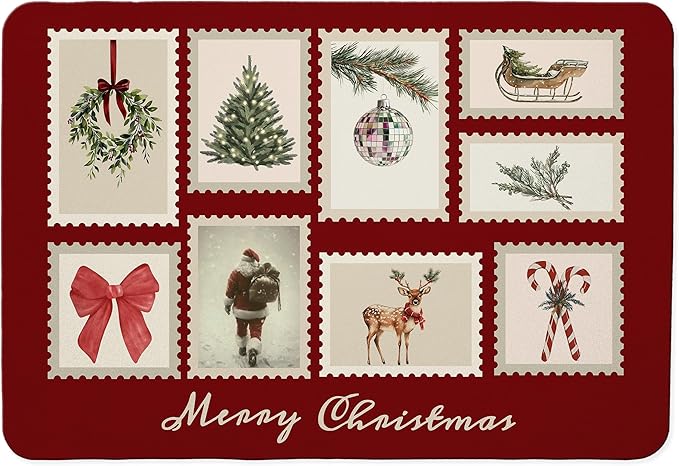 Vintage Red Christmas Dish Drying Mat, Christmas Tree Santa Reindeer Disco Coffee Bar Mat for Countertops, Merry Xmas Absorbent Dish Drying Mats for Kitchen Counter Coffee Maker, 16x24 Inch