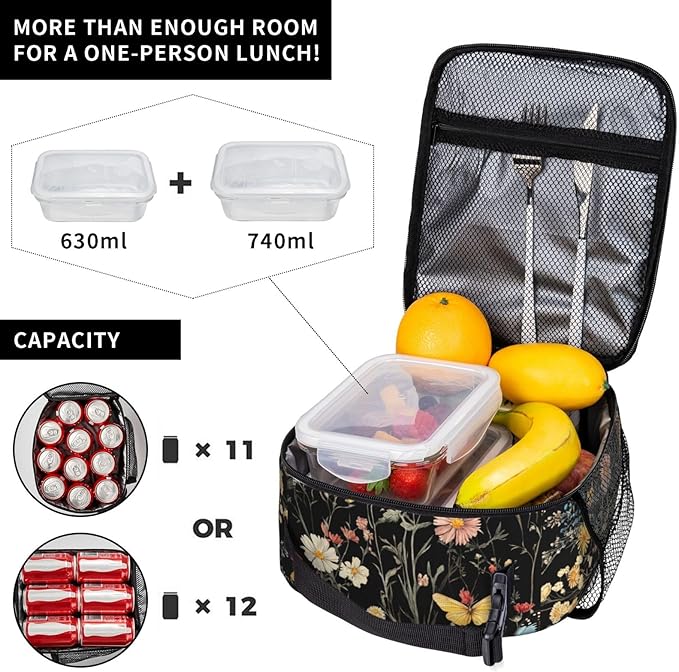 SUPLUCHOM Lunch Bag Wildflower Botanical Butterfly Flower Insulated Bento Box Cooler with Side Pocket for Girl Boy Women Men Work School Picnic Hiking Daytrip