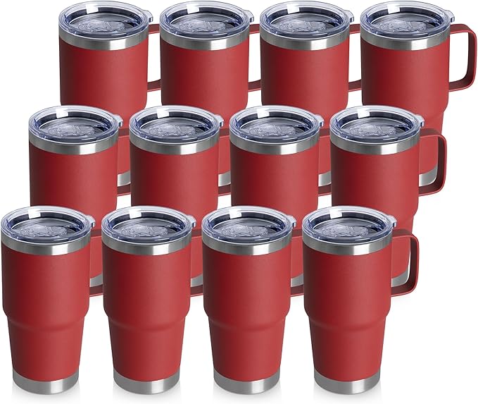 20oz Tumbler Bulk with Lid, Stainless Steel Tumbler Bulk with Handle, Metal Insulated Travel Coffee Mug Set with Handle, Double Wall Vacuum Leak Proof Tumbler Cup, Red 12 Pack
