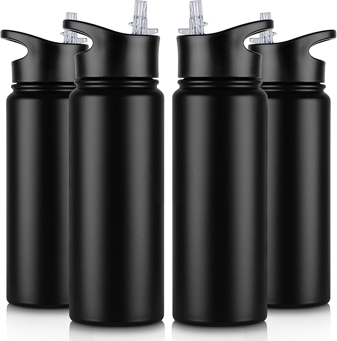 24 oz Insulated Water Bottle Bulk 4 Pack, Stainless Steel Sports Water Bottles with Straw Lid & Wide Mouth Lids, Double Walled Vacuum, Leak Proof, Black