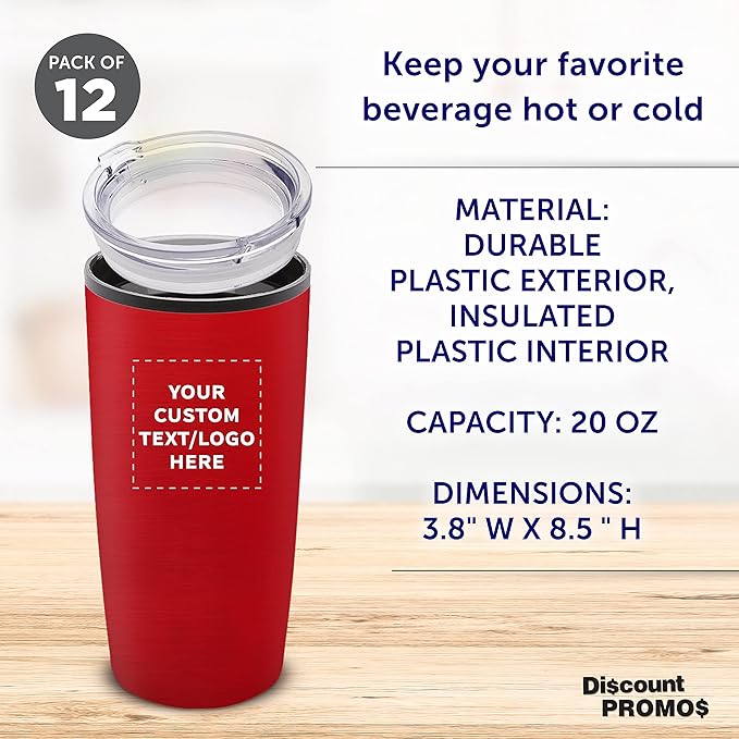 Custom Plastic Tumblers 20 oz. Set of 12, Personalized Bulk Pack - With lids, Ice Coffee Tumbler, To Go Cup, Insulated - Red